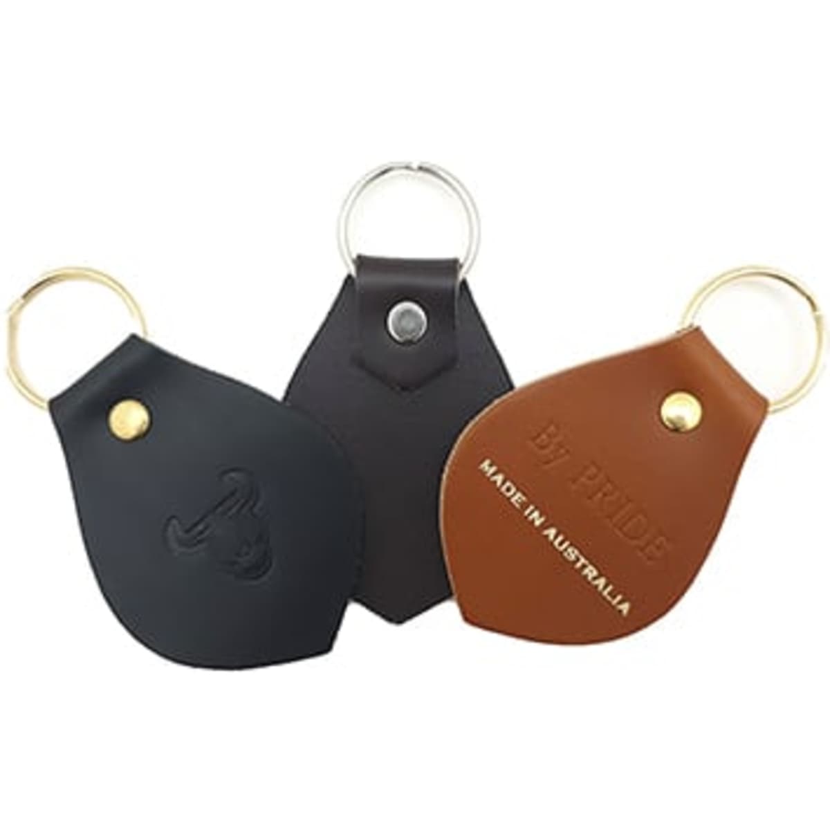 Three rustic tear drop keyrings in black, brown, and tan, featuring a keyring and a logo on one. Australian made.
