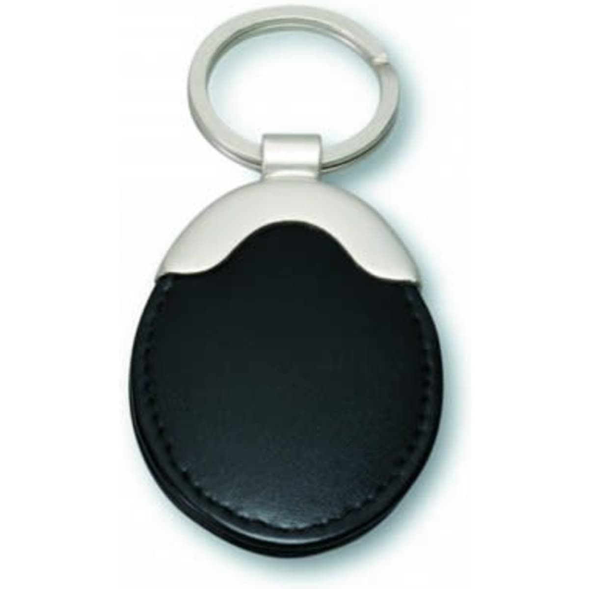 A premium leather key fob in black with a silver keyring attachment and a smooth finish.