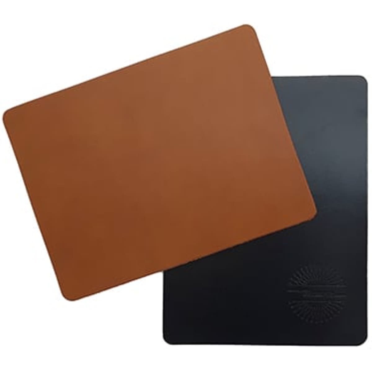A rustic mouse pad in brown and black, featuring a simple design and a logo on one side.
