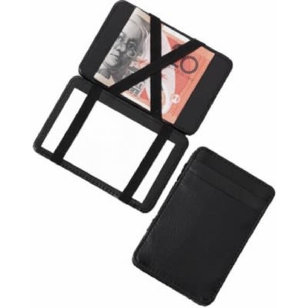 A black premium leather magic wallet featuring an elastic band and compartments for cash and cards.