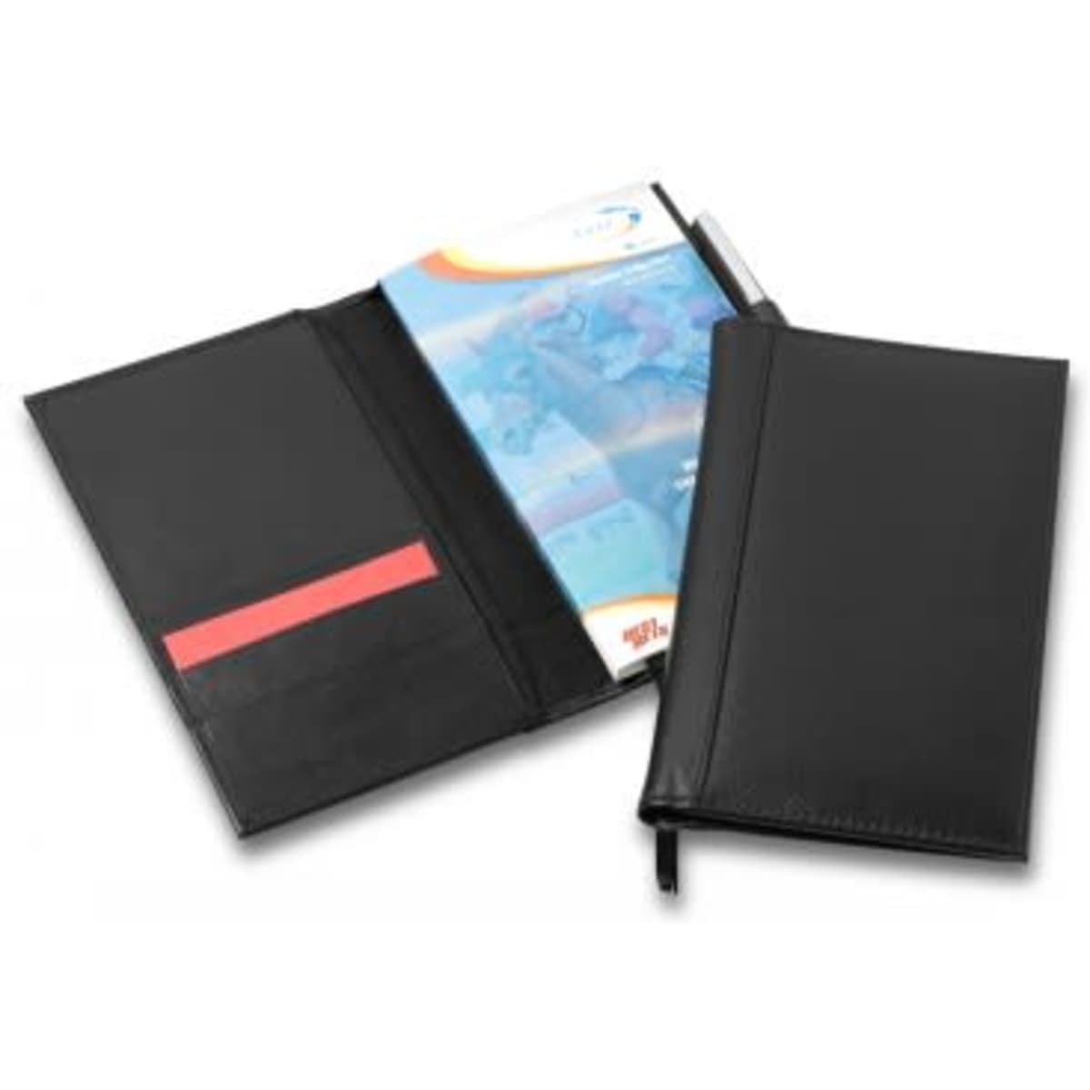 A black premium leather racebook cover featuring an interior pocket and a pen holder, with a built-in organisational layout.
