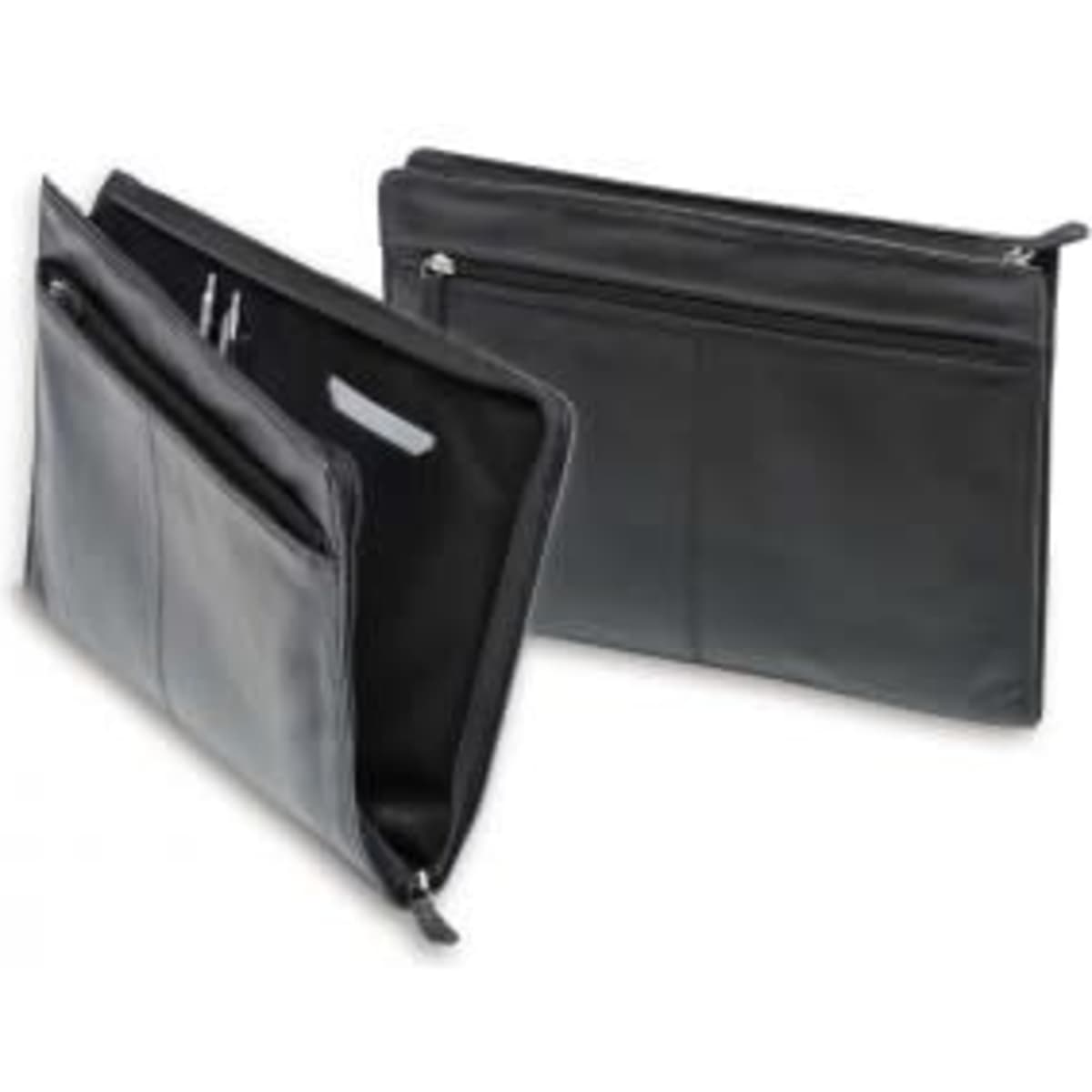 A premium leather zip top satchel in black, featuring multiple compartments and a sleek design, with a zipper closure.