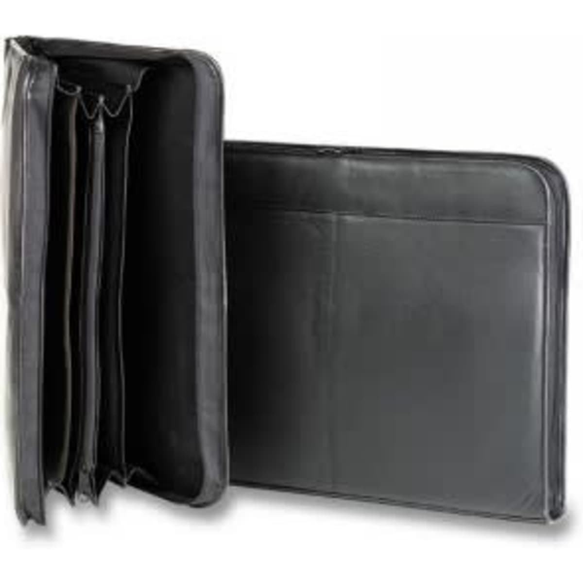 A black premium leather satchel with three compartments and a zipped opening, featuring a simple interior design.