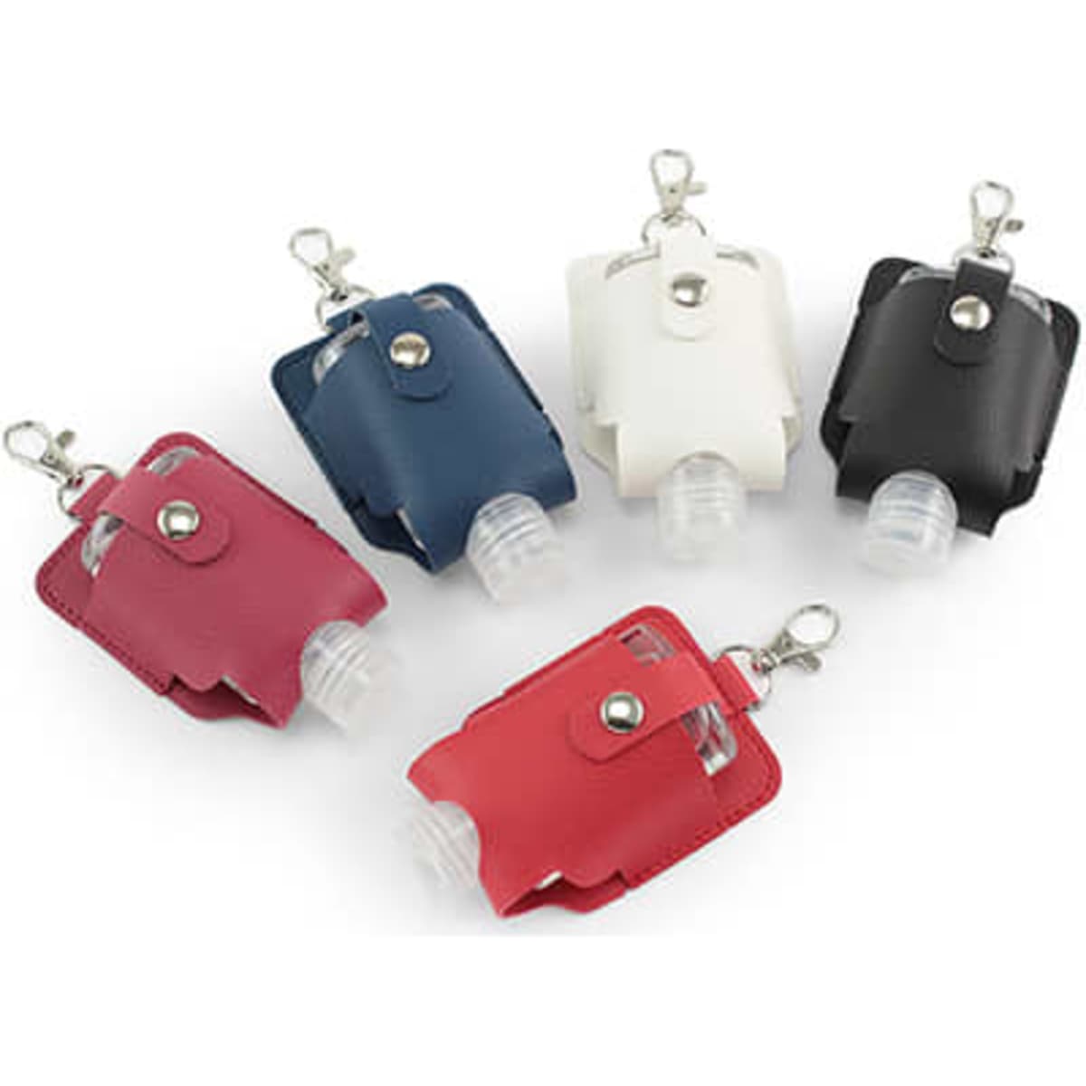 A collection of five hand sanitiser holders in pink, red, white, navy, and black, each featuring a clip and bottle.