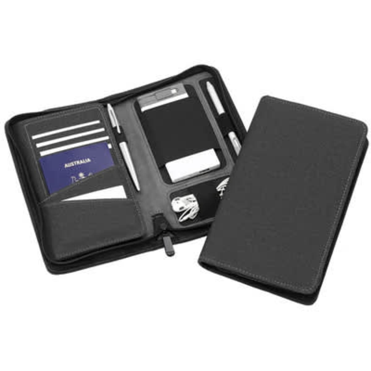 A black travel wallet featuring card slots, a pen, a phone pocket, and a zippered compartment. It has a branding logo.