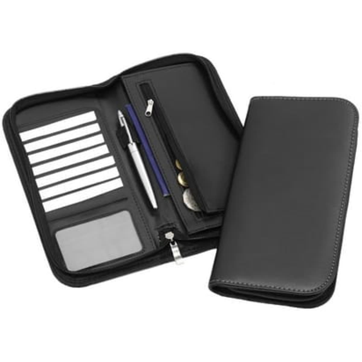 A black deluxe zip travel wallet with RFID protection, featuring card slots, a coin pouch, and a pen.