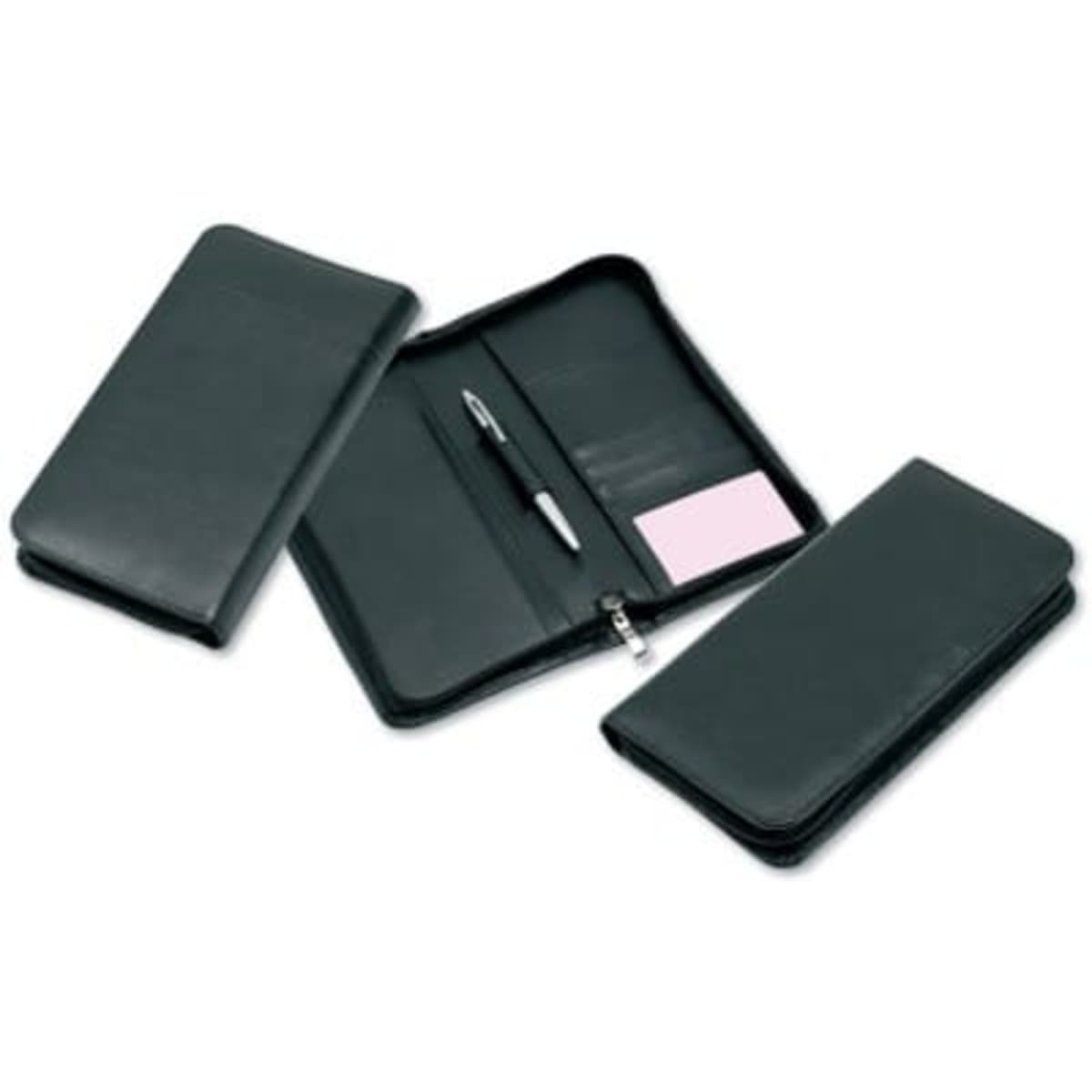 A black leather zip travel wallet featuring multiple compartments, a pen, and a card slot.
