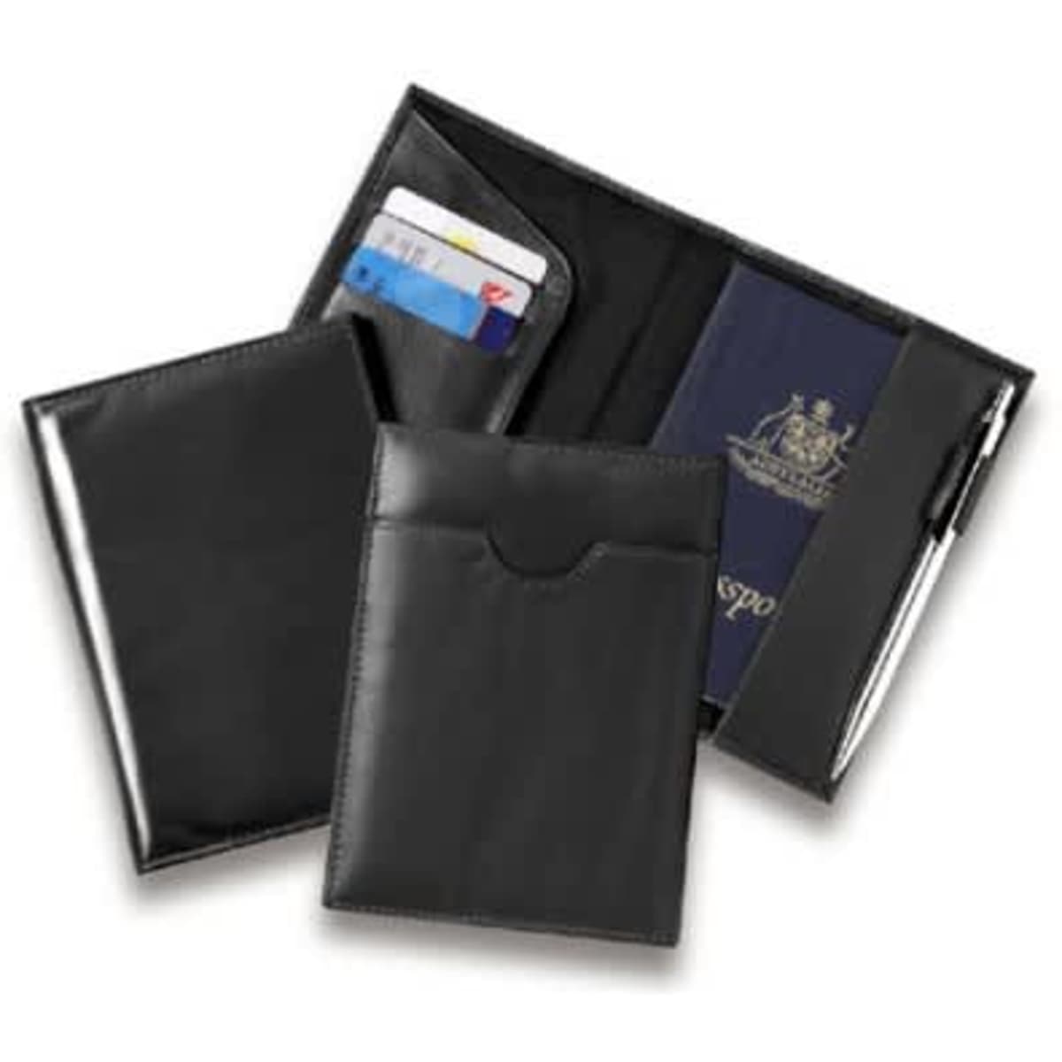 A black passport wallet set featuring compartments for a passport, cards, and a pen, with a logo present.