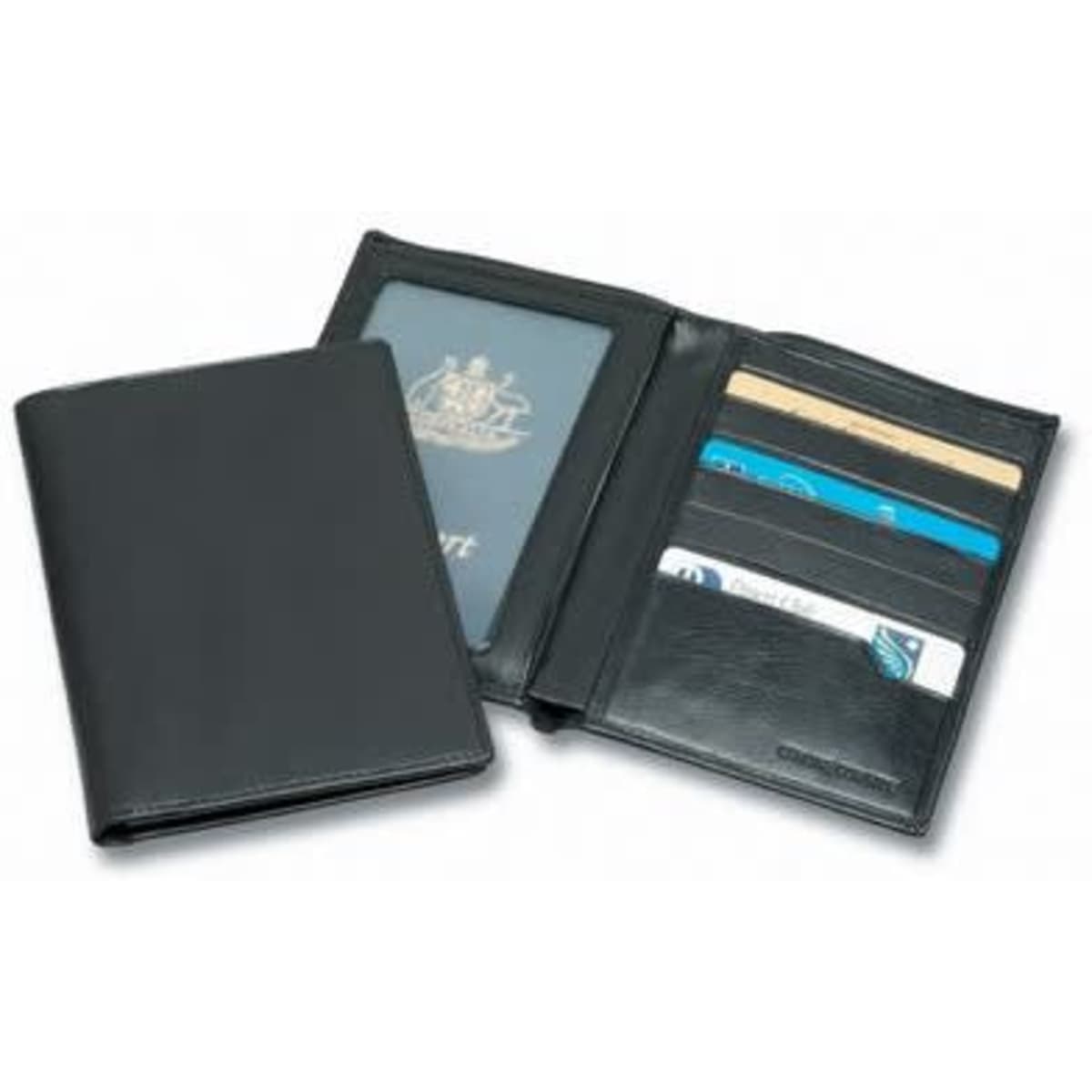 A black premium leather passport wallet with card slots and a clear passport holder inside. It features a logo.