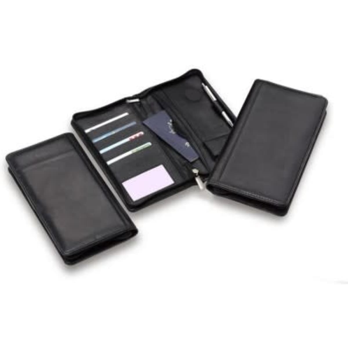 A premium black leather zip travel wallet featuring multiple card slots, a pen holder, and a zippered compartment.
