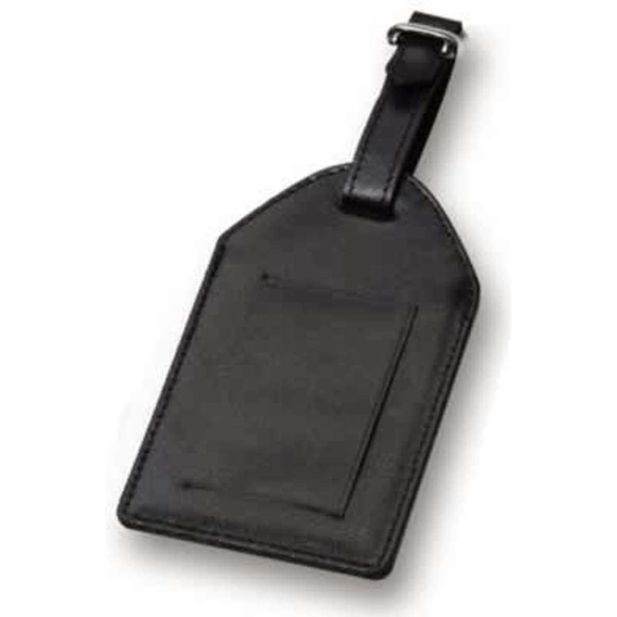A black leather luggage tag with a strap for attachment, featuring a transparent ID slot and a sleek design.