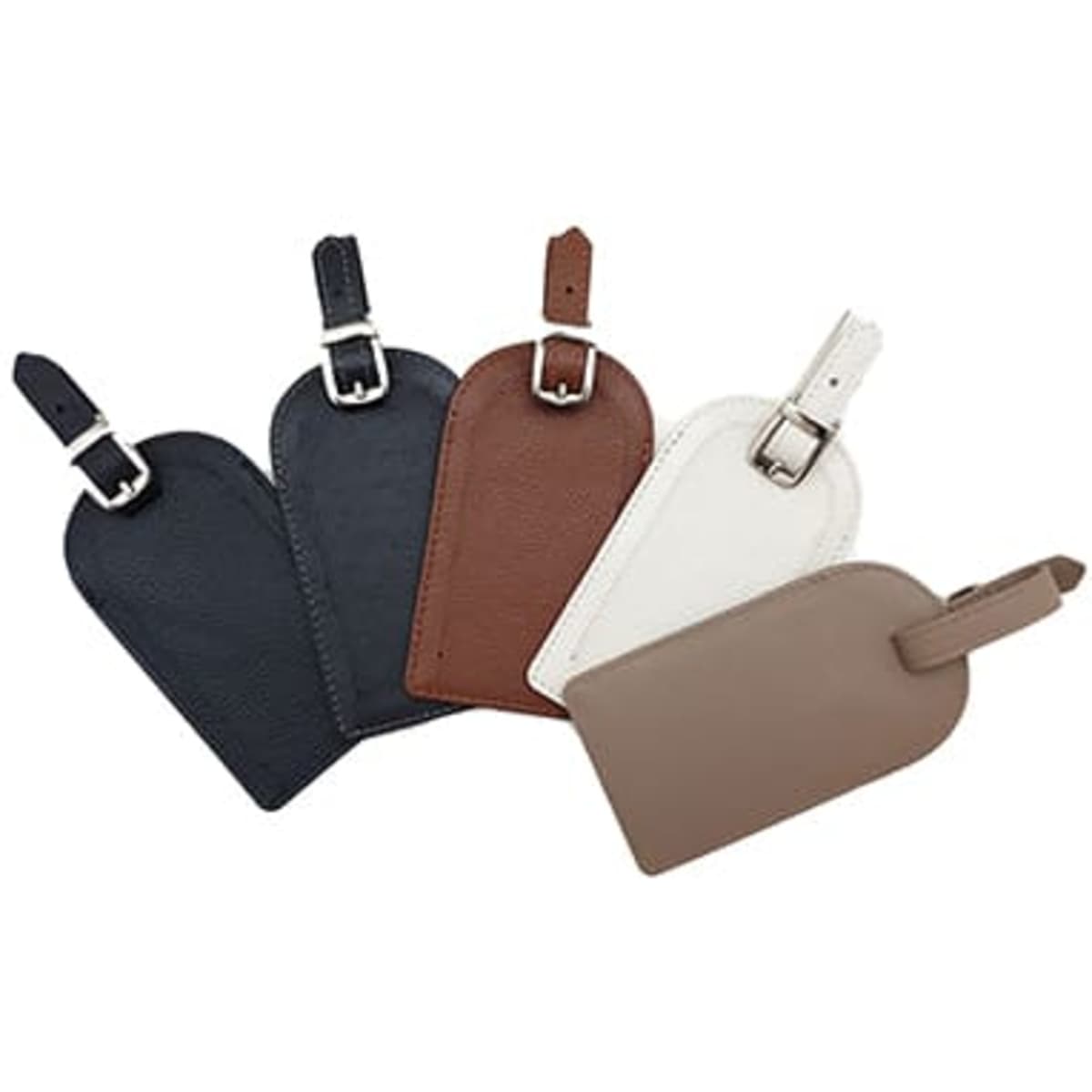 Five premium leather luggage labels in black, brown, white, and tan, featuring buckles and tags for identification.