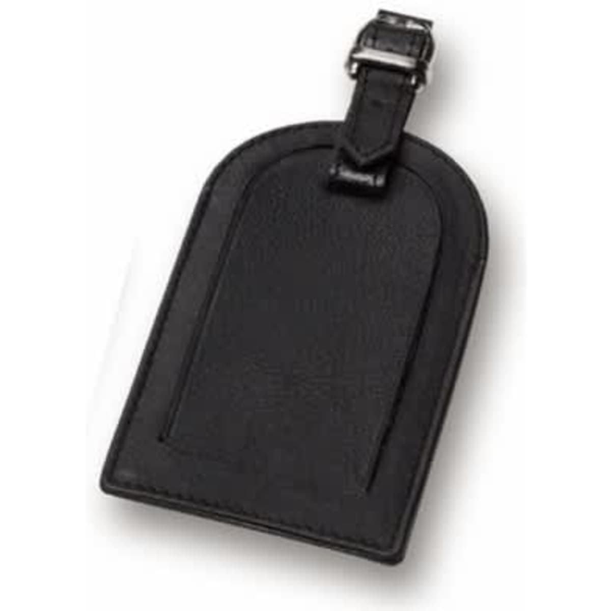 A premium black leather luggage label featuring a buckle strap and a smooth finish, with a logo present.