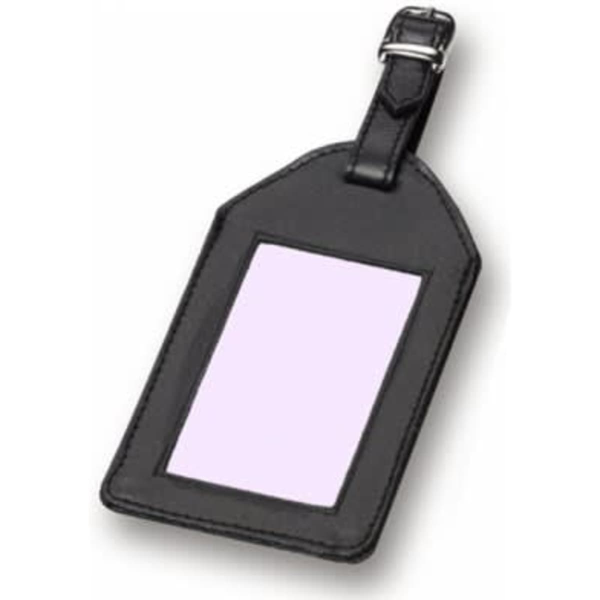 A black luggage label with a rectangular clear window for personal information and a strap for attachment.