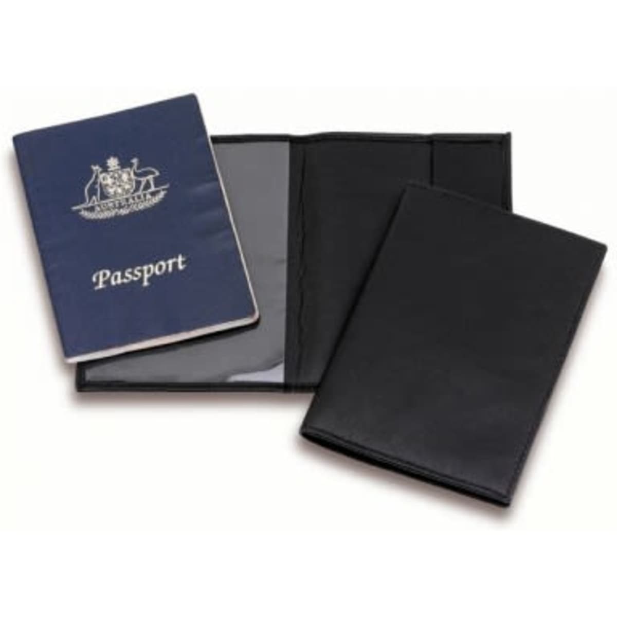 A black executive passport cover with a clear slot and space for a passport. It features a logo.