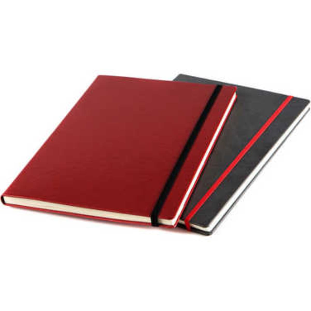 A red and black notebook set, featuring a textured cover and elastic band closures, displayed side by side.