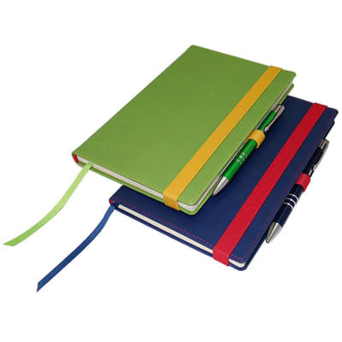 A set of two A5 notebooks in vibrant green and navy blue, each with a coloured elastic band and pens.