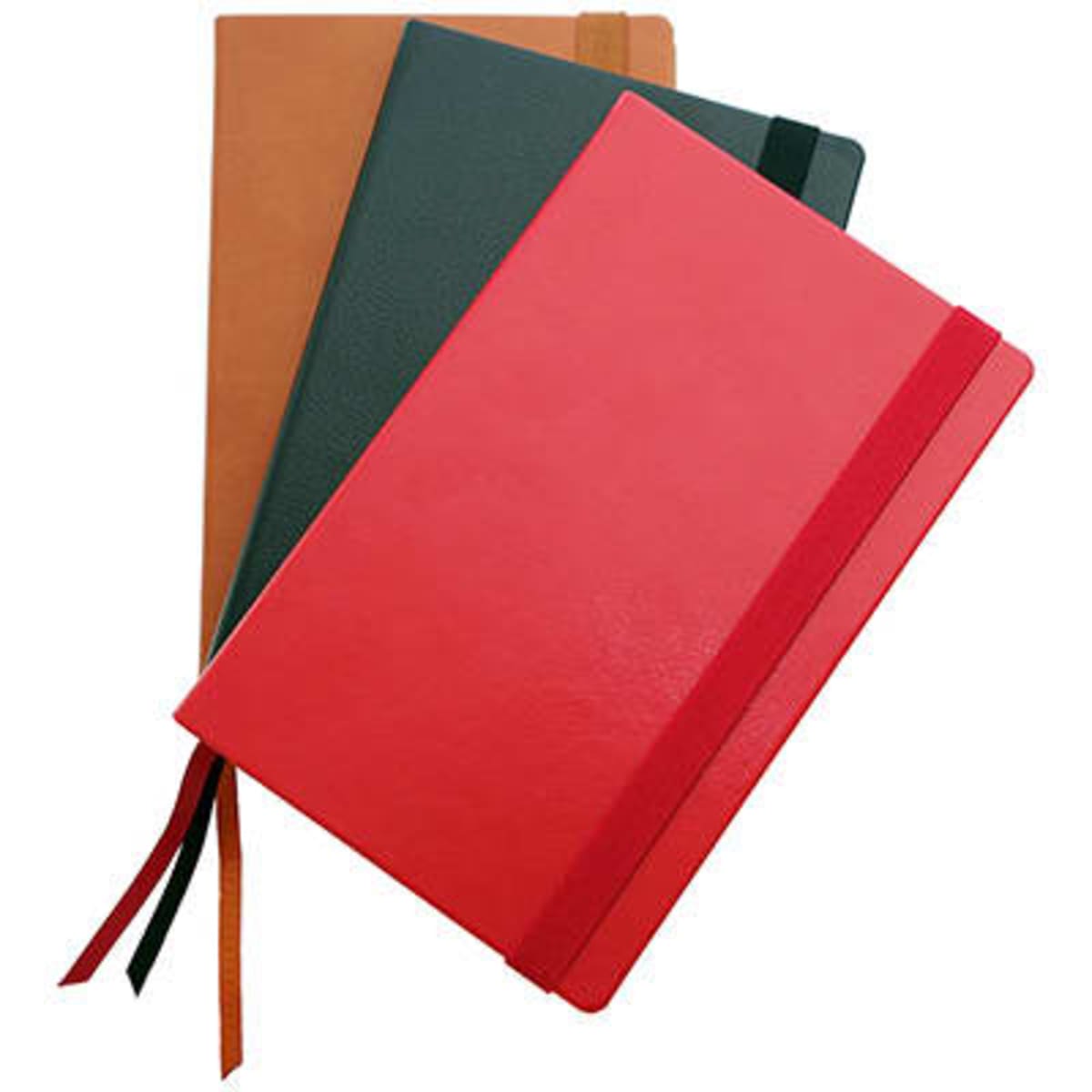 A collection of three A5 notebooks in red, green, and brown, each featuring an elastic closure and bookmark ribbons.