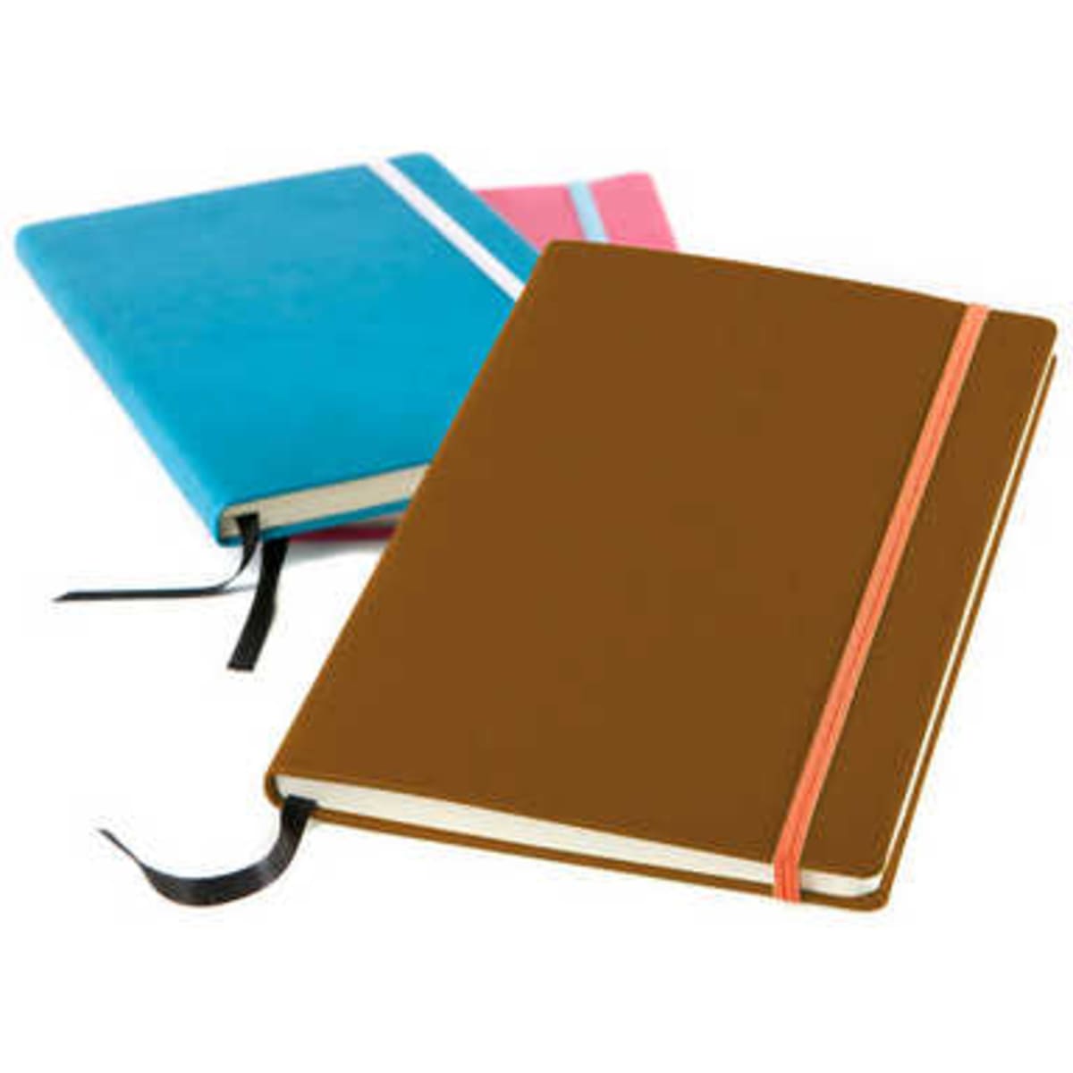 A collection of three A5 business notebooks in blue, pink, and brown, featuring elastic bands and ribbon markers.