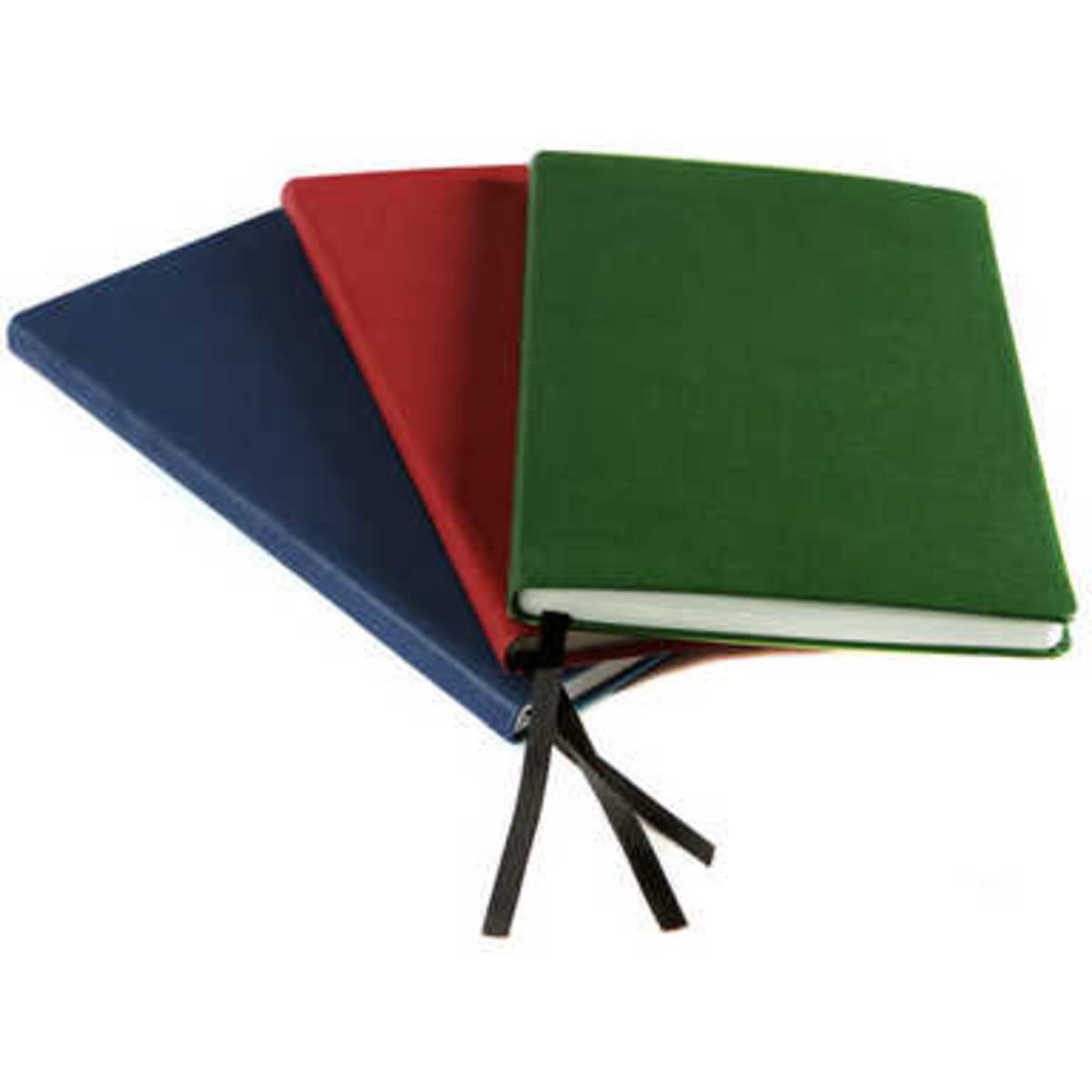 A set of three A5 notebooks in green, red, and blue, with a logo on the cover and black ribbon bookmarks.