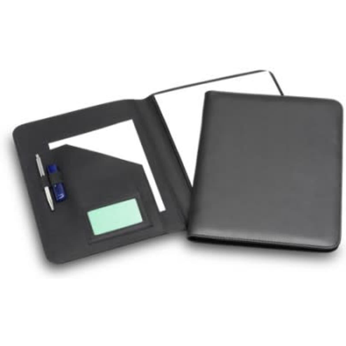 A black Economy A4 Folder with an internal pocket, pen holders, and a notepad inside. Contains a logo.