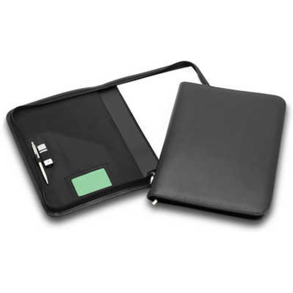 A black A4 zip compendium with multiple compartments and a sleek design, featuring a logo.