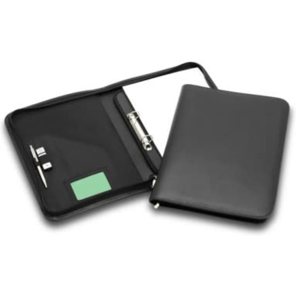 A black zippered compendium featuring a pen holder, notepad, and pockets for business cards and documents.