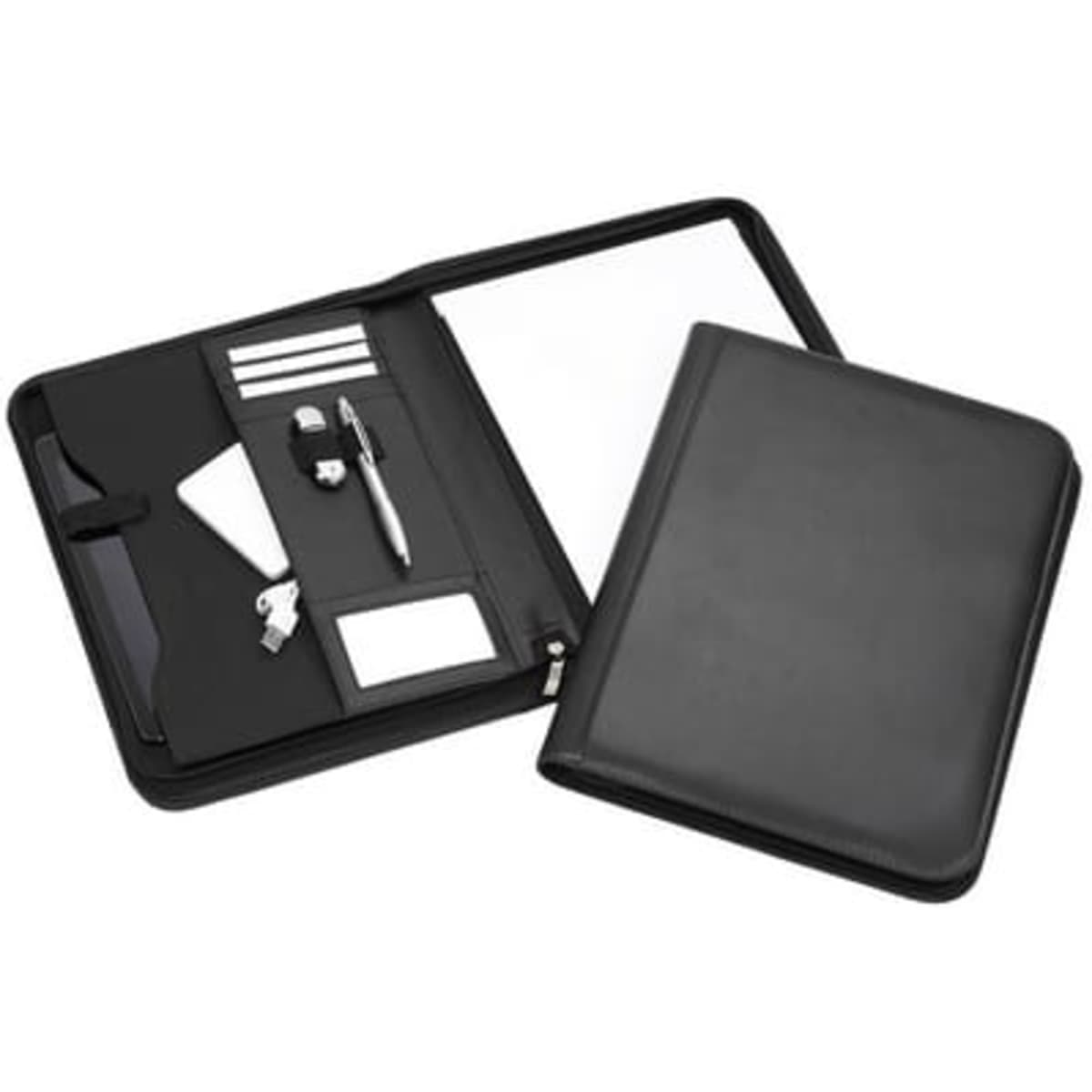A black A4 zip compendium featuring a notepad, pen, pockets, and card slots. Includes a logo.