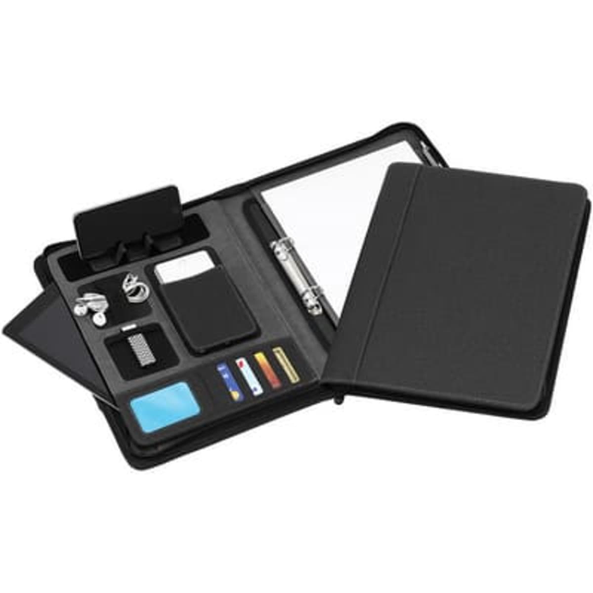 A black A4 zip tech ring compendium featuring multiple card slots, a notepad area, and a pocket for documents.
