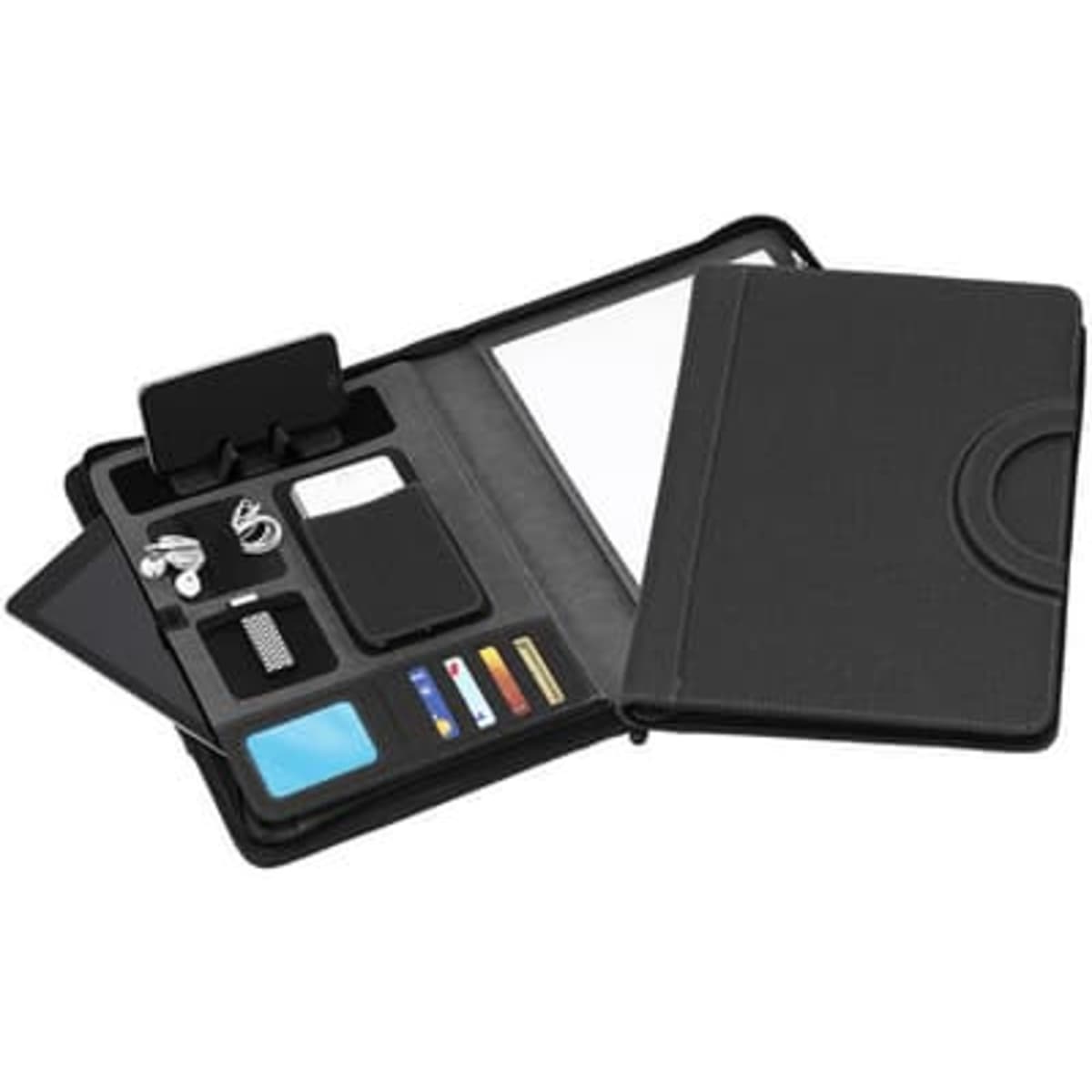 A black A4 zip tech compendium with handles, featuring multiple pockets for cards, notes, and a document holder.