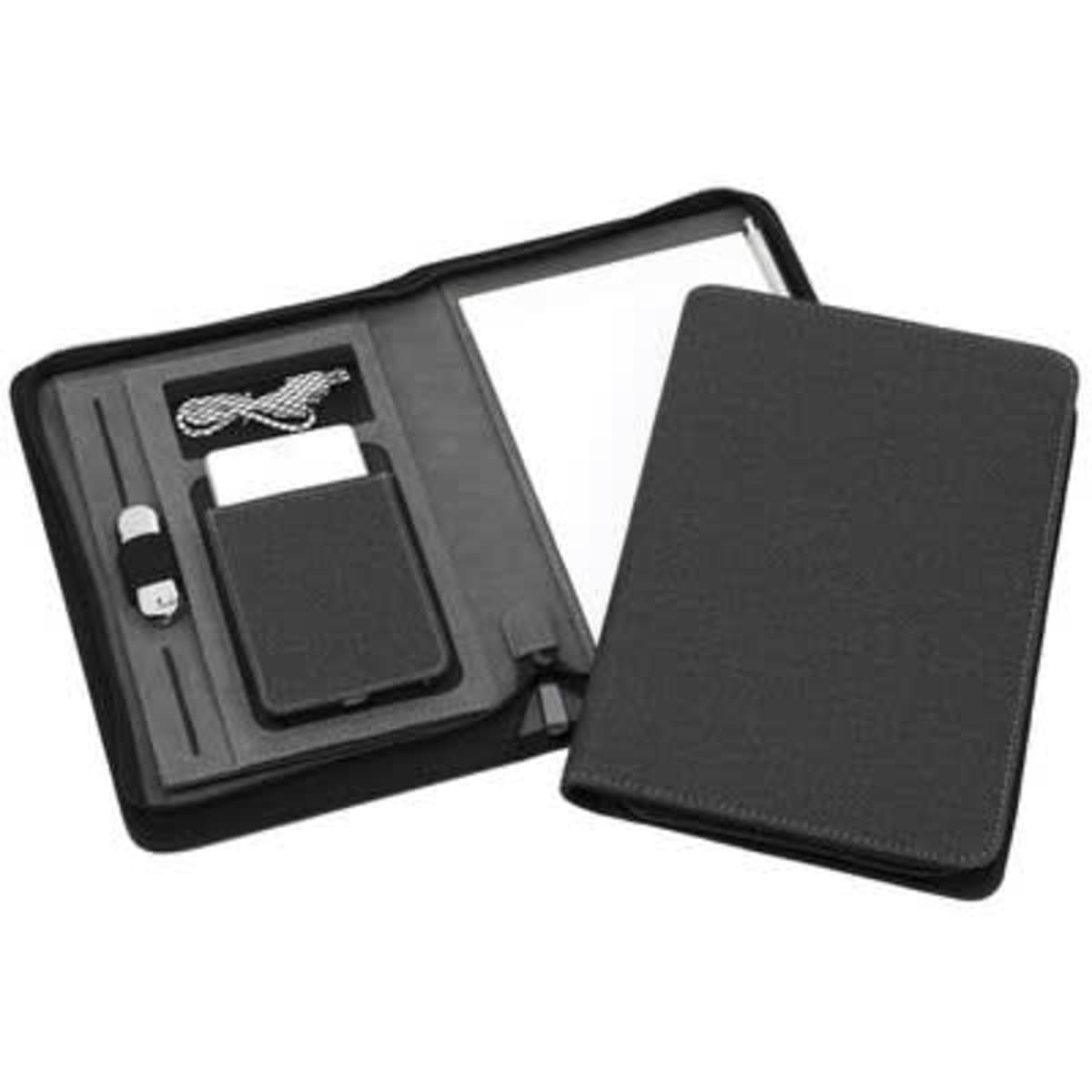 A black A5 zip tech compendium featuring slots for cards, a notepad, and a USB holder. It has a sleek design and branding.