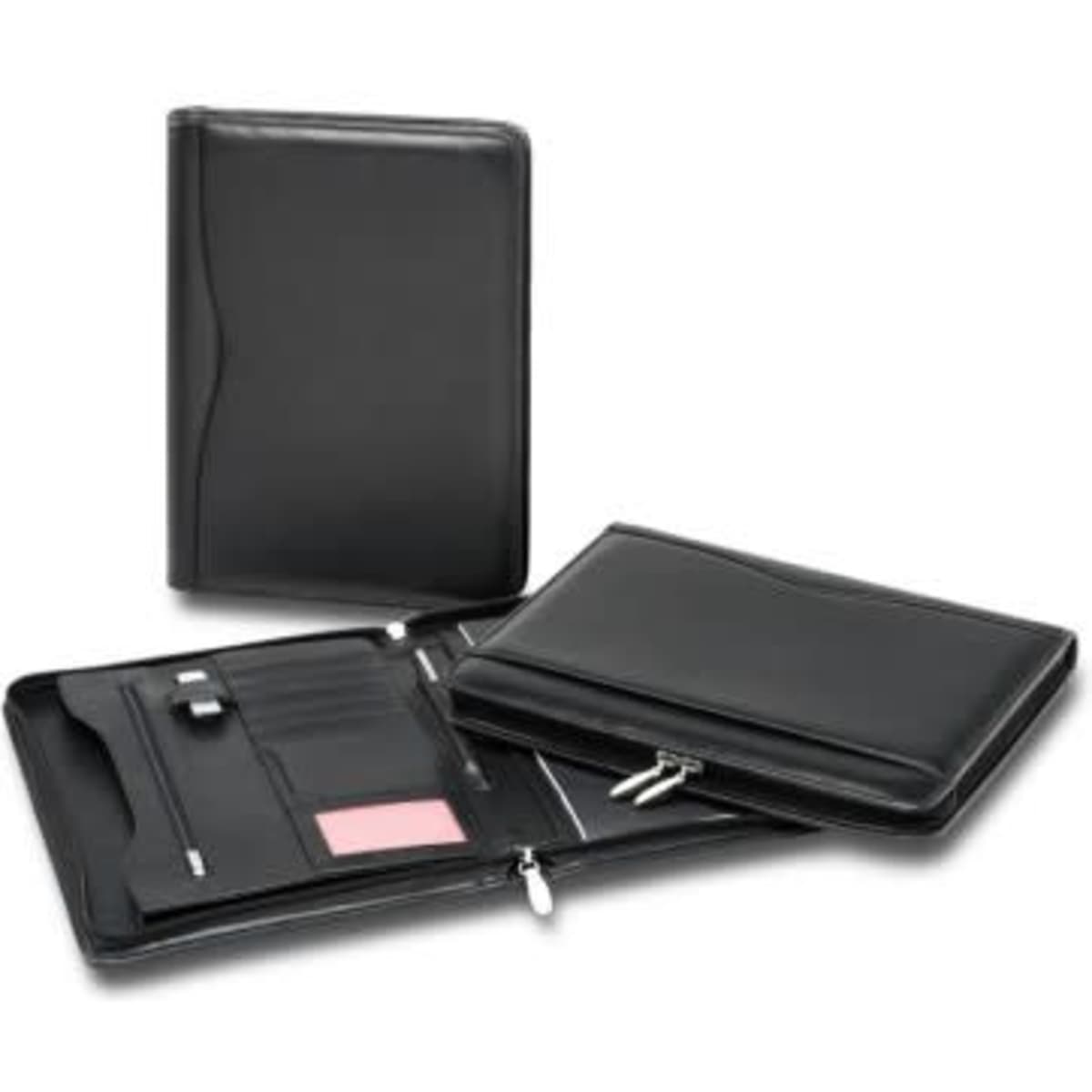 A black premium leather zip compendium featuring multiple interior pockets and a sleek design. It includes a logo.