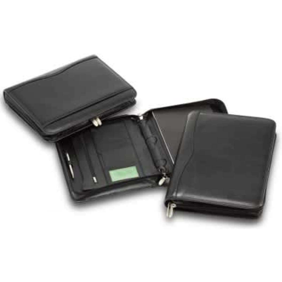 A premium black leather ring compendium featuring multiple pockets, a notepad holder, and a pen slot.