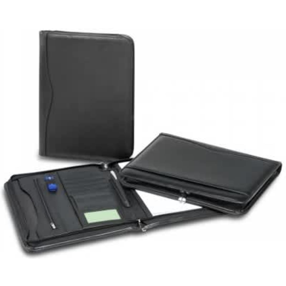 A black Deluxe Zip Compendium featuring multiple pockets, a notepad, and a pen holder, with a sleek design.