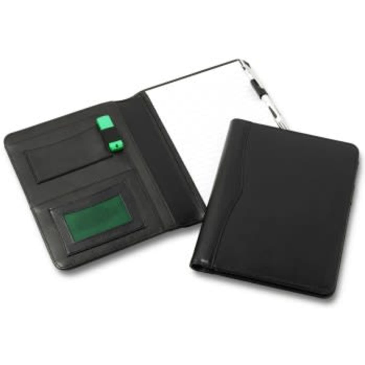 A black A5 compendium folder with a notepad, pockets for cards, and a pen holder. It has a logo on the front cover.
