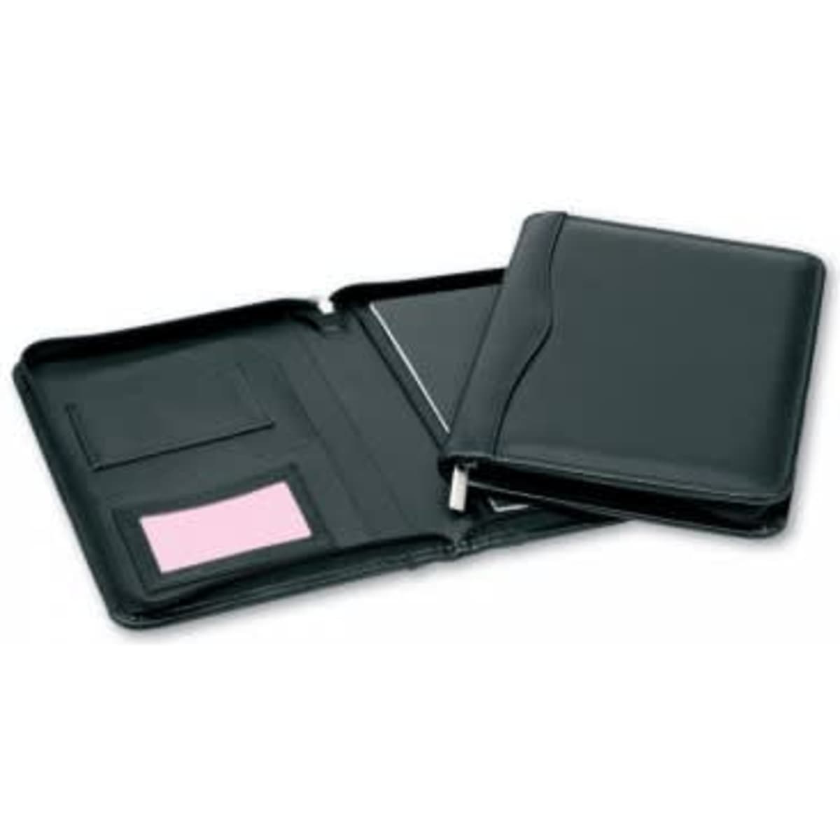 A black Executive A5 zip compendium with pockets, a notepad, and a pen holder. It features a logo on the cover.