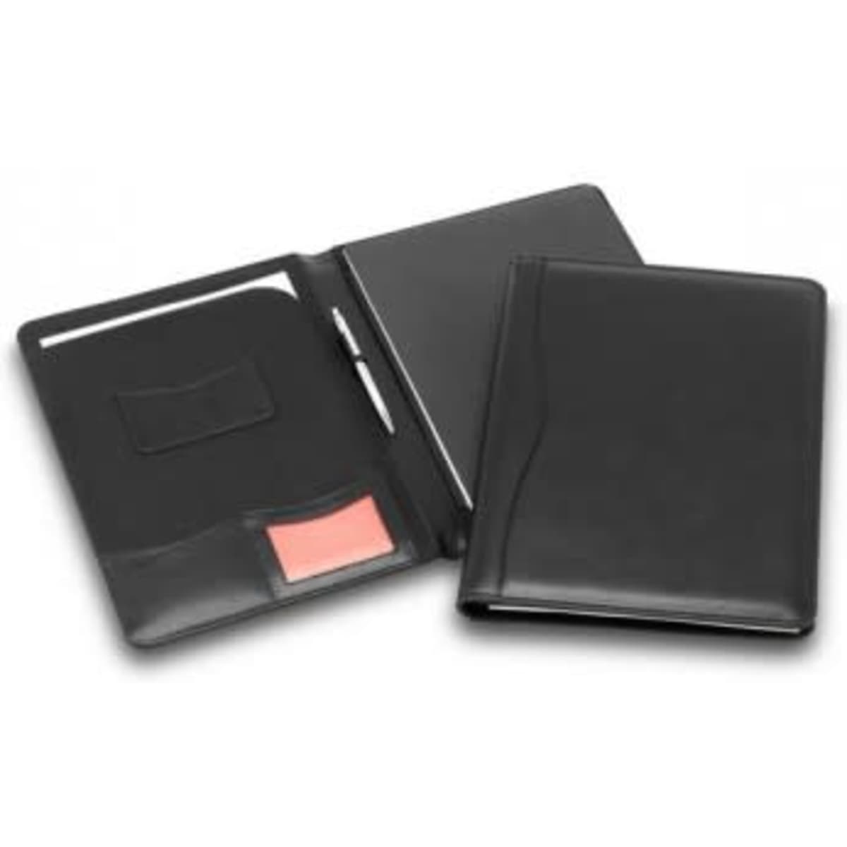 A black executive leather compendium folder with a pen holder, card slot, and space for documents.