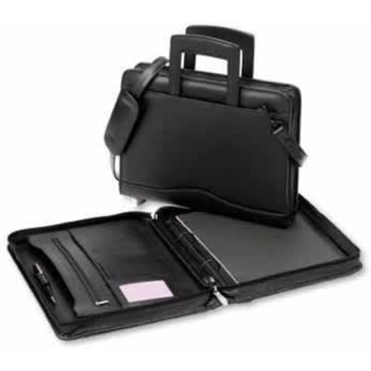 A black executive leather ring compendium with handles, featuring an open interior with pockets and a notepad section.