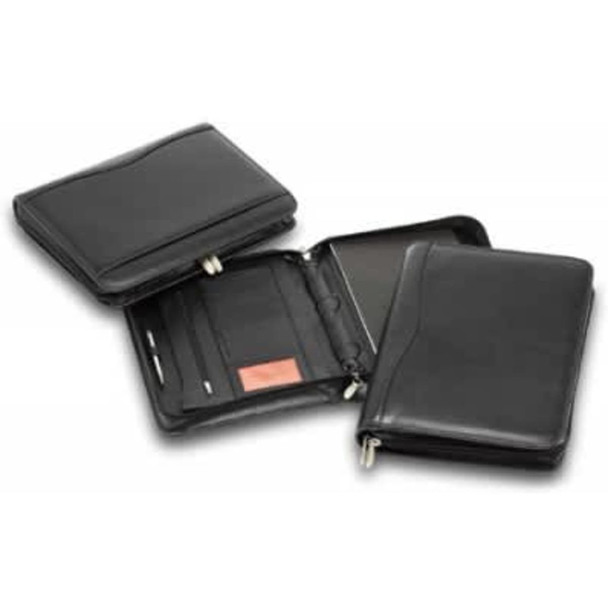 A black leather ring compendium featuring multiple compartments for documents, cards, and a notepad, with a logo.