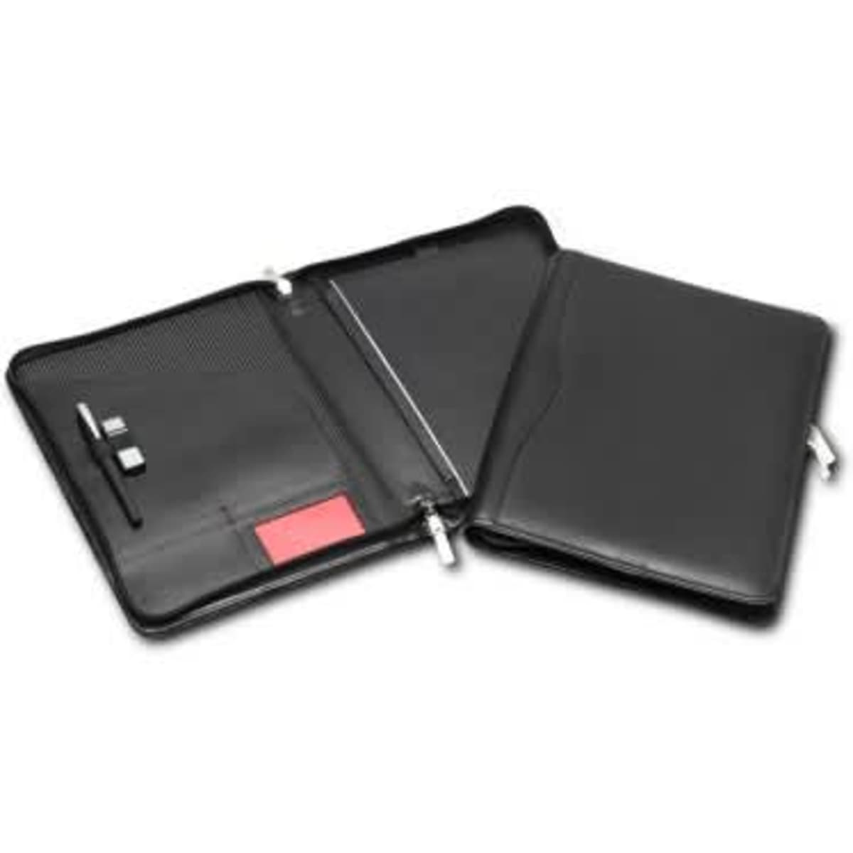 A black leather zip compendium with multiple pockets, a pen holder, and a sleek design.