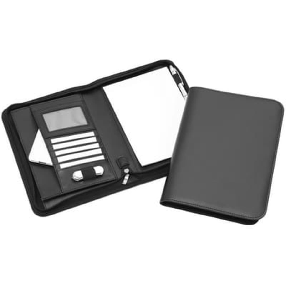 A black Deluxe A5 Zip Compendium featuring a zip closure, card slots, a notepad, and a mirror.