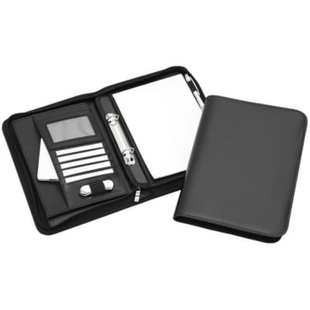 A black Deluxe A5 zip ring compendium featuring a notepad, pockets, and a binder mechanism.