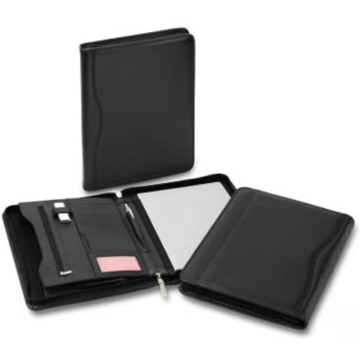 A black leather zip compendium featuring internal pockets, a notepad, and a pen holder. It has a logo on the front.