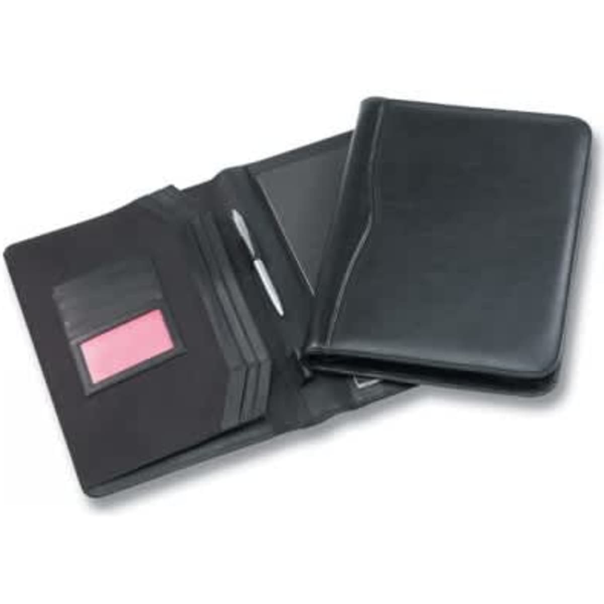 A black leather compendium folder with internal pockets and a pen holder. It has a sleek, professional design.