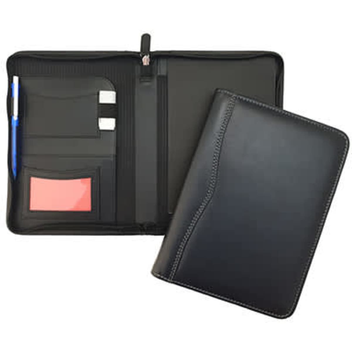 A black leather zip compendium featuring pockets for cards, a notepad, and a pen. It has a sleek design and a logo.