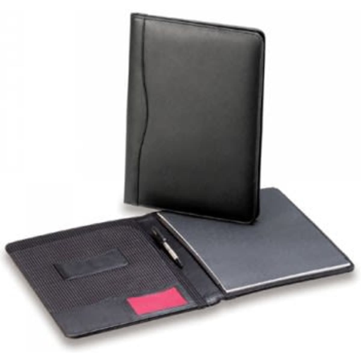 A black premium leather compendium folder featuring an interior with pockets and a notepad.