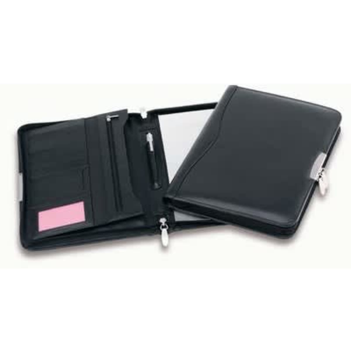 A black leather compact zip compendium featuring multiple pockets and a sleek design.