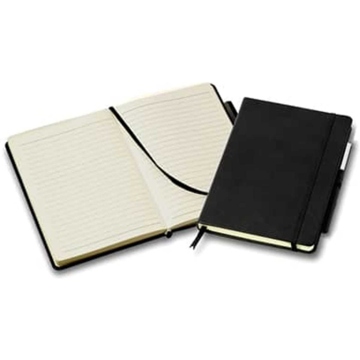 A black A5 notebook with a pen loop, featuring lined pages and a ribbon bookmark, displayed open and closed.