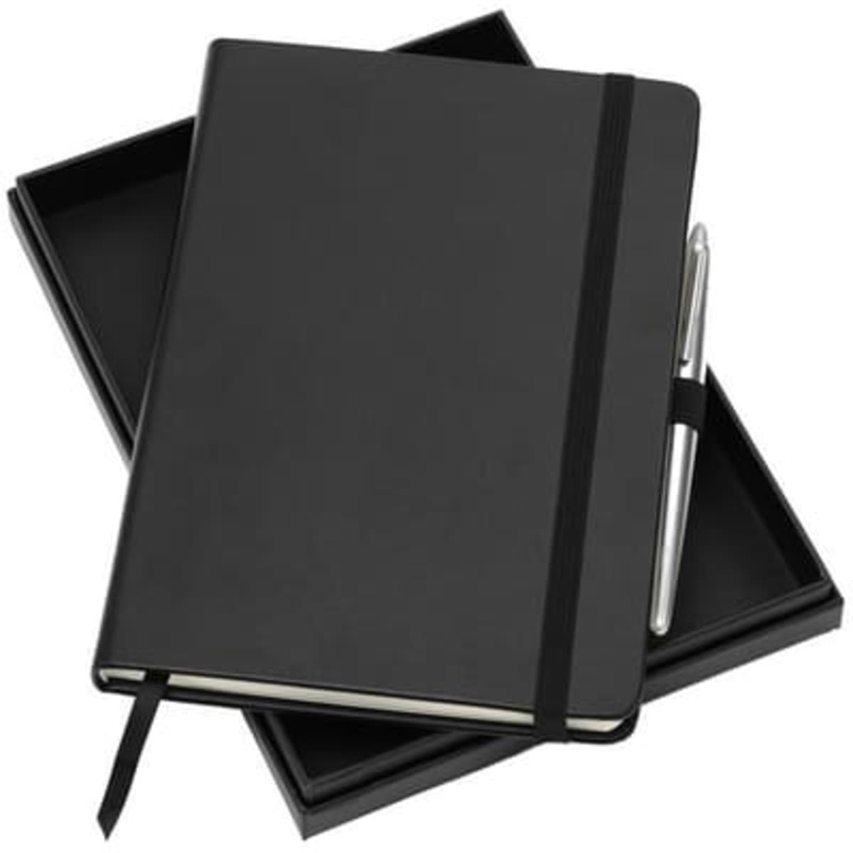 A black A5 notebook with an elastic band and silver pen, presented in a sleek black gift box.