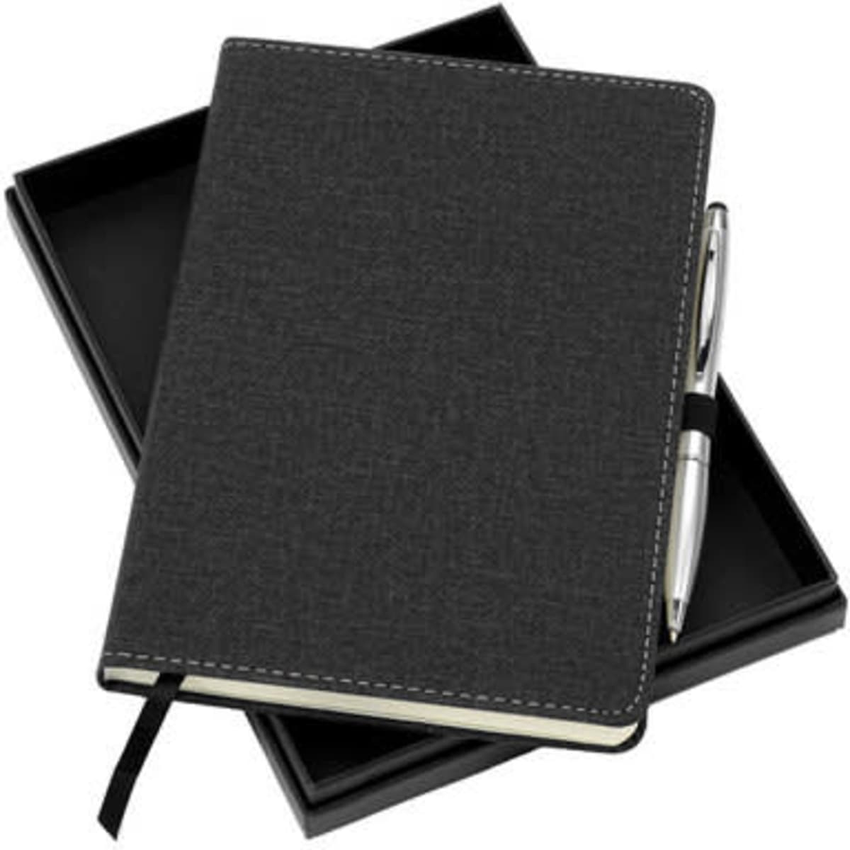A black A5 notebook with a pen, presented in a gift box. The notebook features a textured cover and a ribbon marker.